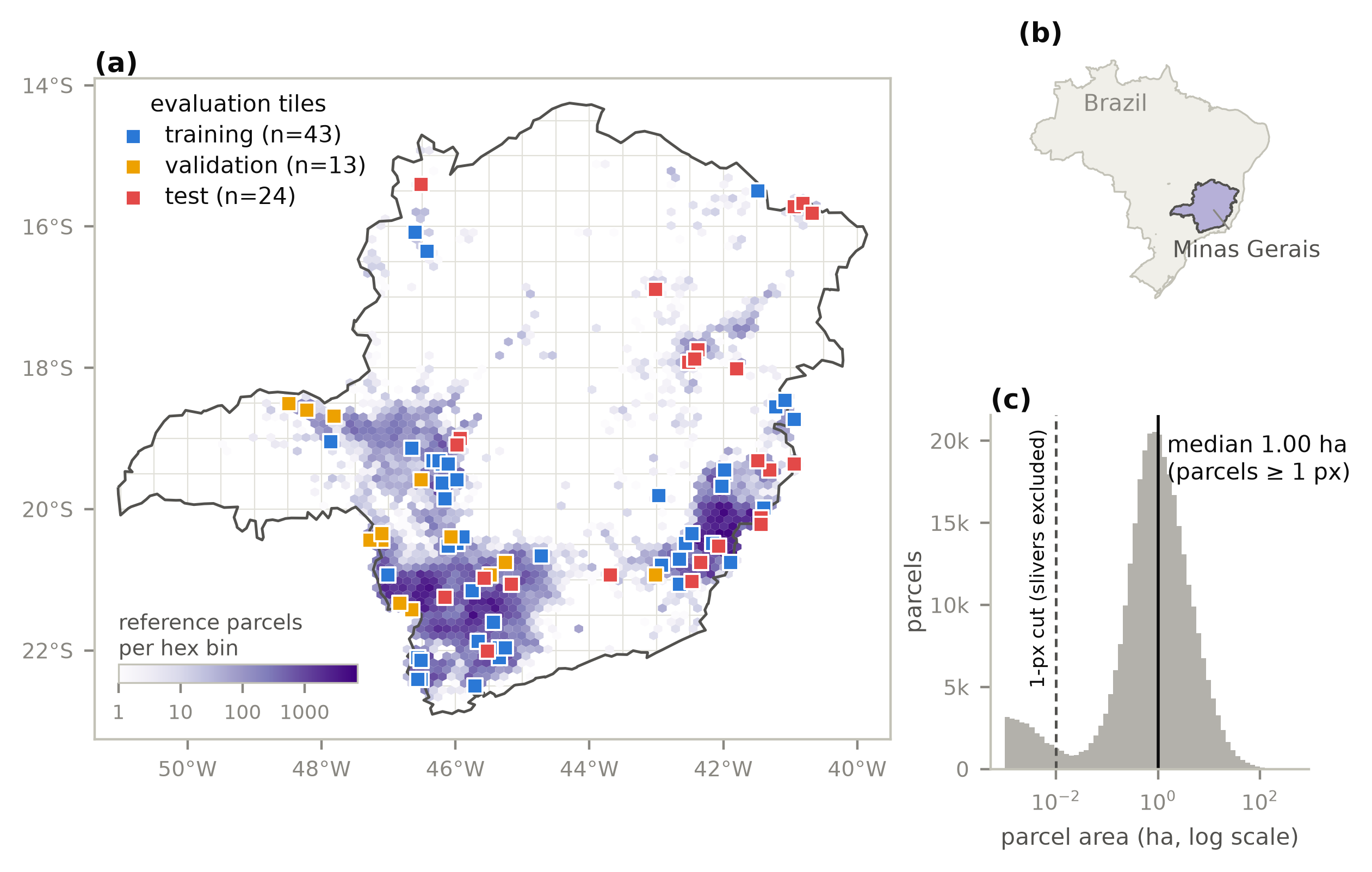 Study area map for Minas Gerais with evaluation tiles and parcel-area distribution.